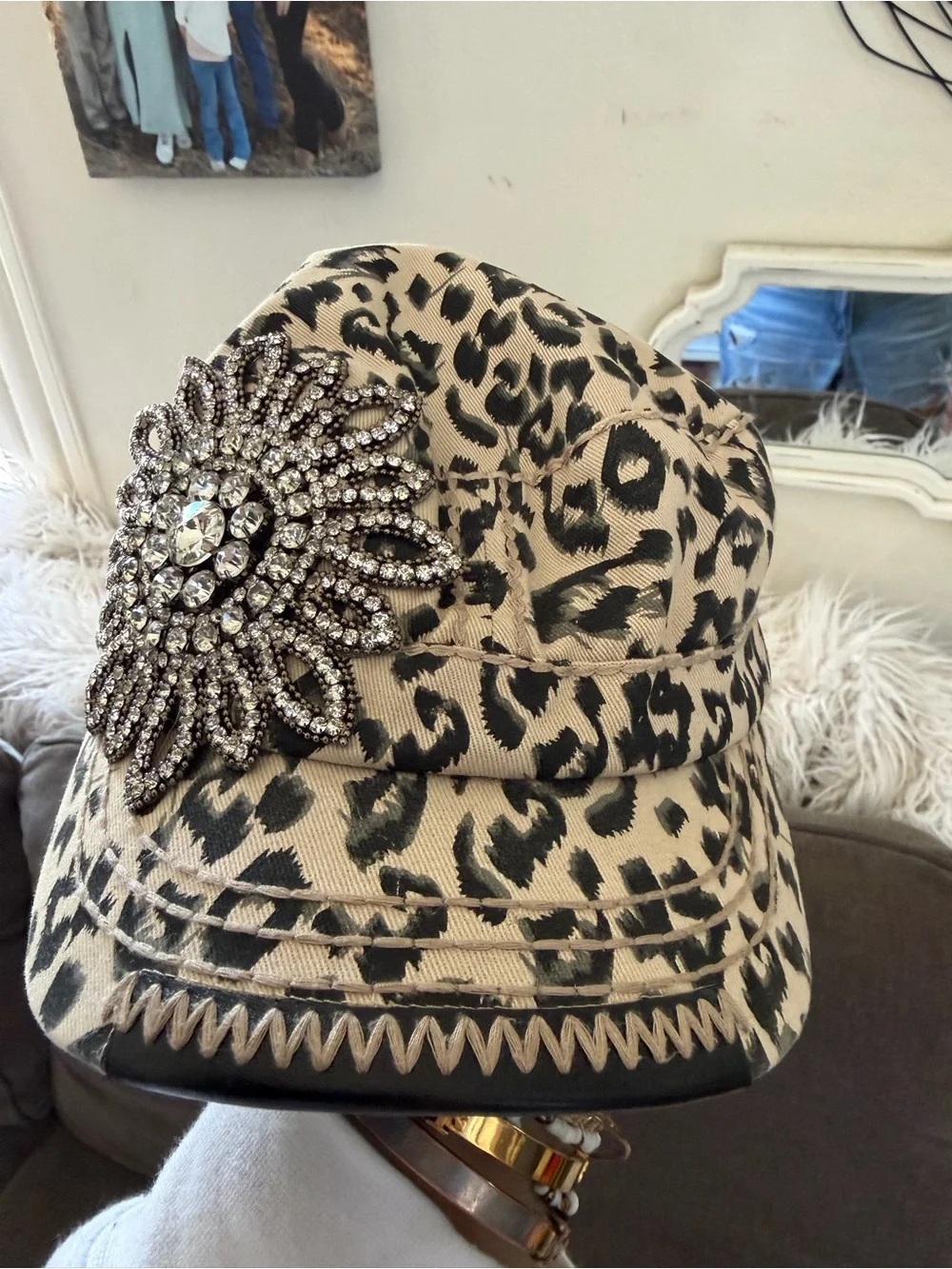 Bling bling  Beige and Black Leopard Cadet Hat with Rhinestone Brooch